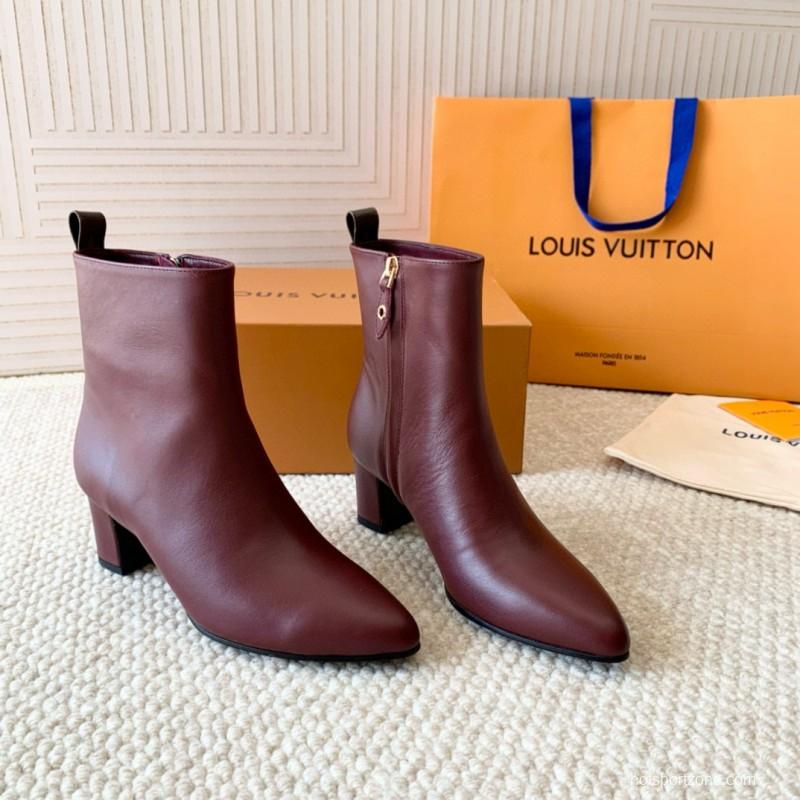 2024 Women Louis Vuitton Burgundy Leather Ankle Boots MJ00410