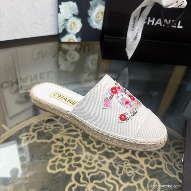 2025 Women Chanel White Canvas Embroidered Espadrille Mule