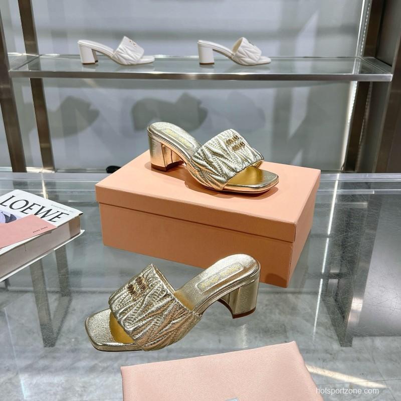 2025 Women Miumiu Gold Leather Sandals