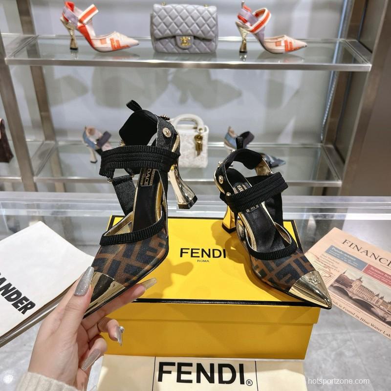 2025 Women Fendi Brown Black Leather Mesh High Heels MJ00280