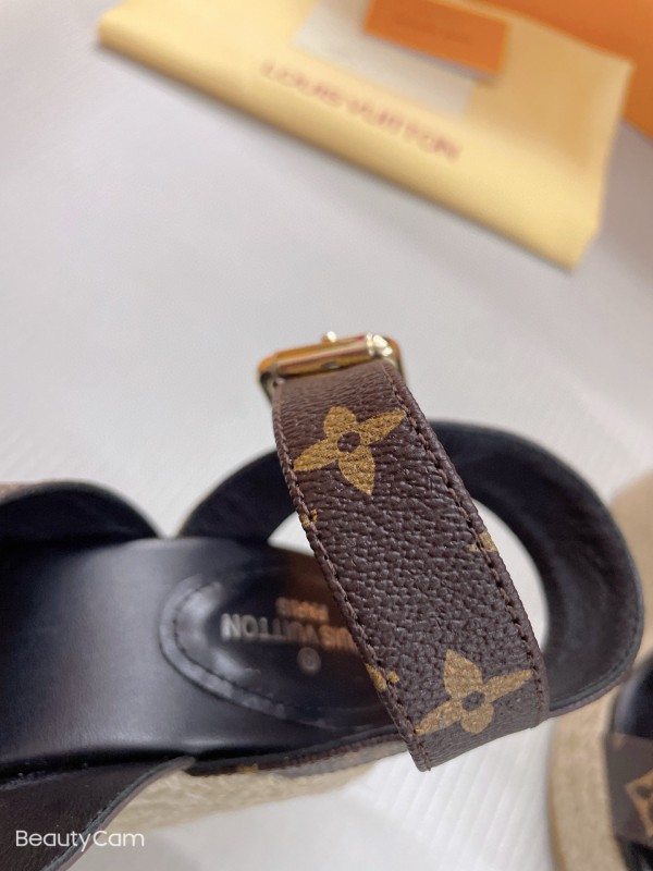 2025 Women Louis Vuitton Brown Leather Denim Espadrilles Wedge Sandals MJ00280