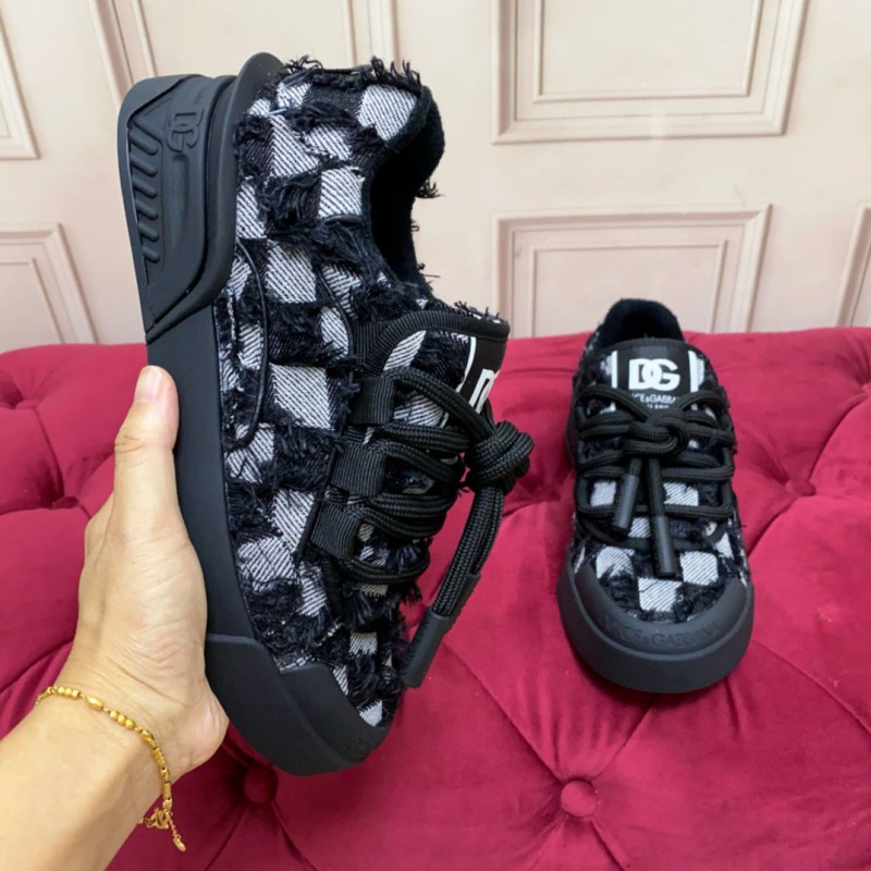 2024 Unisex Dolce & Gabbana Black White Wool Leather Sneakers MJ00340
