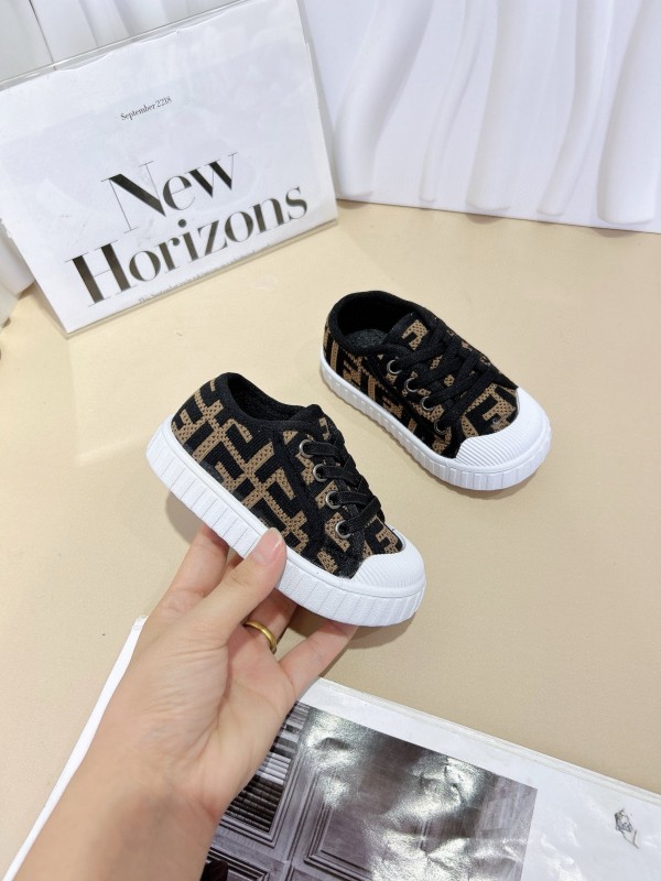 2024 Kids Fendi Black Beige Canvas Sneakers