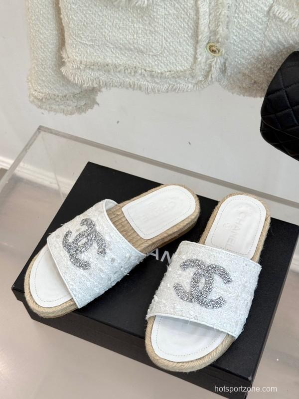 2025/Women Chanel White Lace Espadrille Slide Sandals Handwoven Jute Sole KFY00240(F)