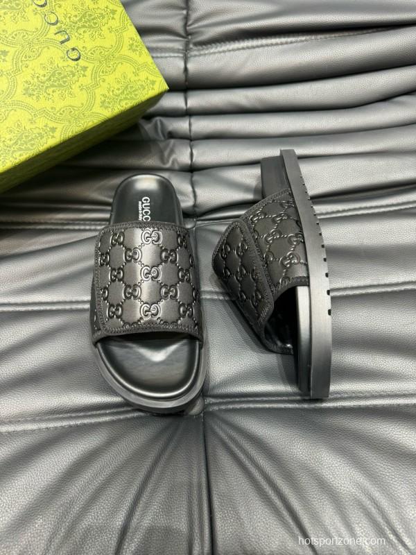2024 Slippers Gucci Black Leather Slippers MJ00200