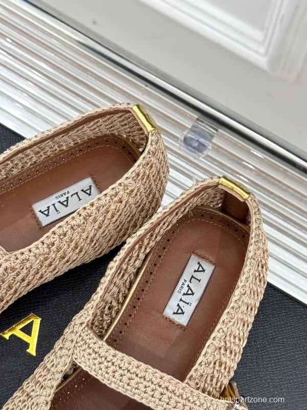 2025 Women AlAIA Beige Woven Leather Mary Jane Shoes