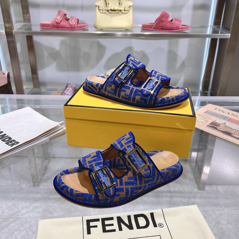 2025 Slippers Fendi Blue Brown Jacquard Buckle KFY00250
