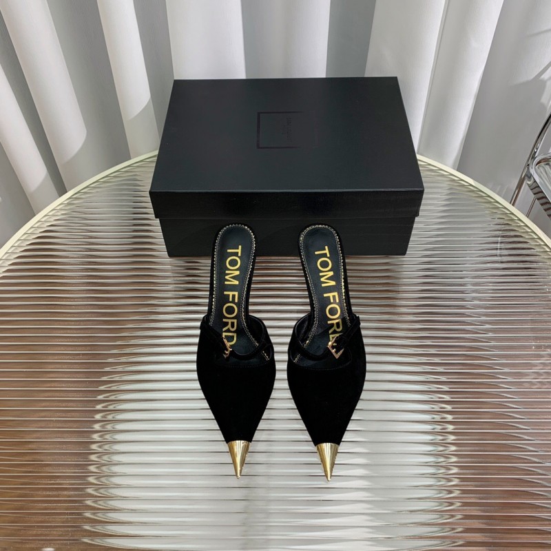 2025 Women TOM FORD Black Suede Leather Pointed Toe Metal Tip Mules