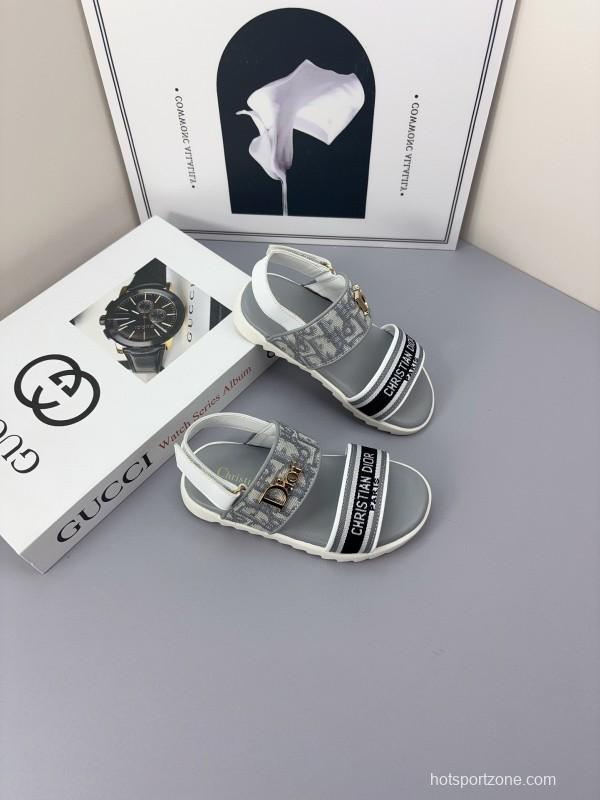 2025 Kids Dior Gray Black Canvas Leather Sandals