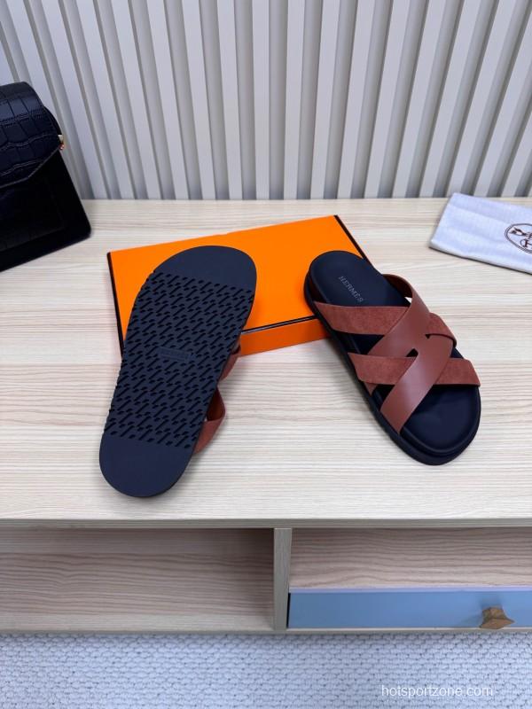 2025 Men HERMÈS Brown Leather Sandals