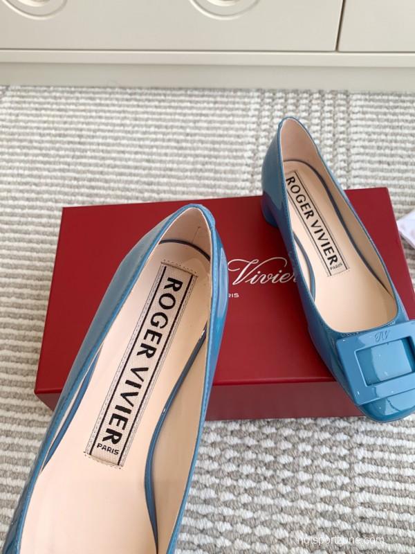 2025 Women Roger Vivier Blue Patent Leather Ballet Flat Square Buckle KFY00310