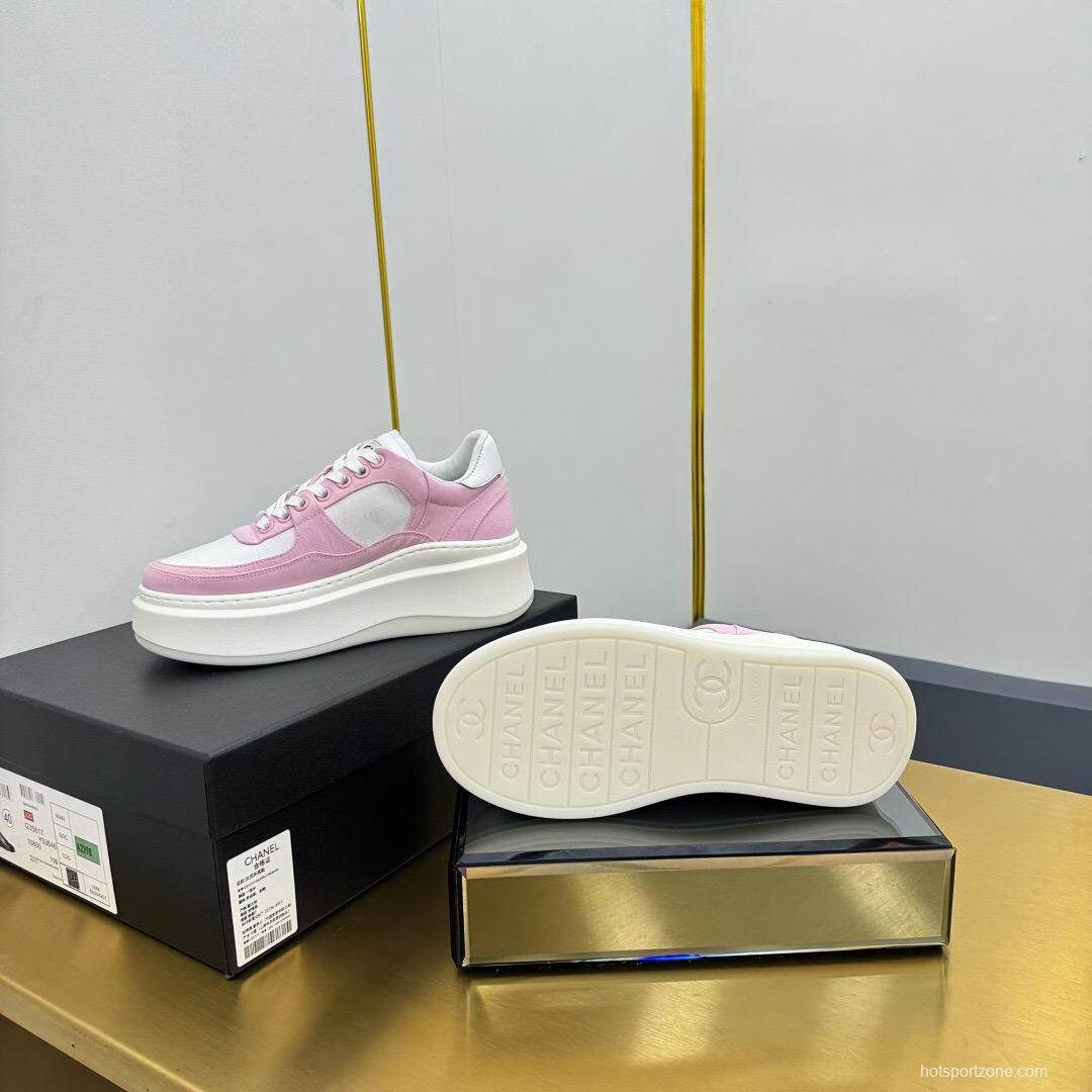 2025 Women Chanel Pink White Leather Suede Platform Sneakers