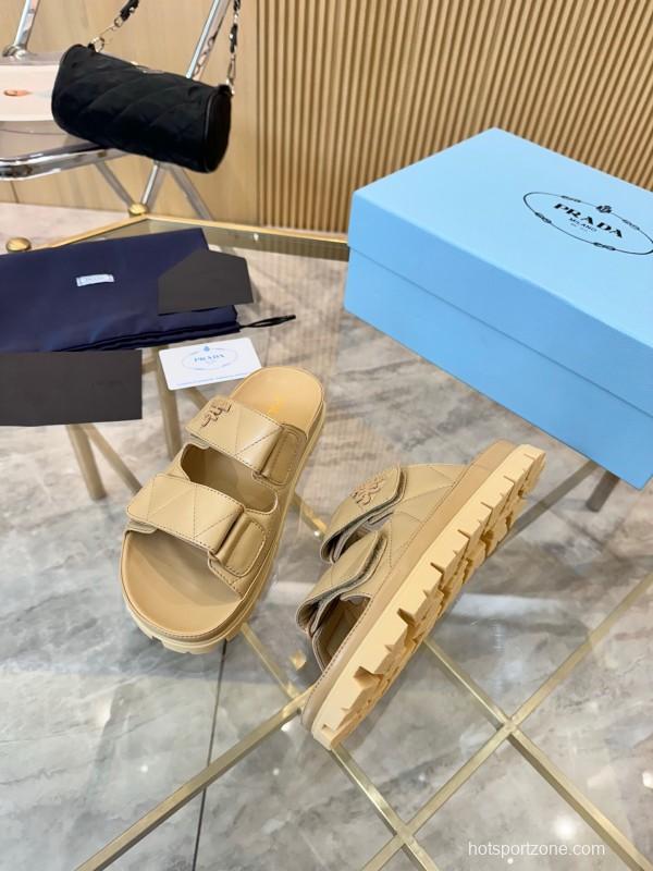 2025 Women Prada Beige Leather Sandals LY00270