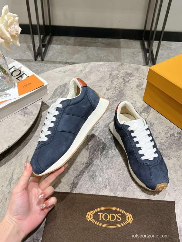 2025 Women TOD'S Navy Blue Brown Suede Leather Sneakers KFY00350