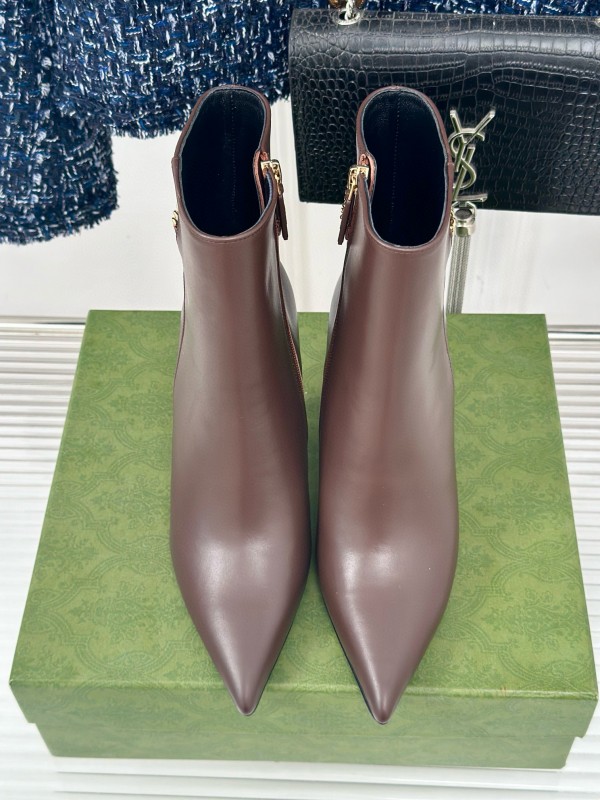 2024 Women Gucci brown calf leather ankle boots chain MJ00410