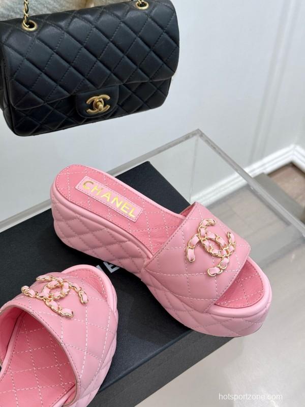 2025 Women Chanel Pink Leather Platform Slide Sandals