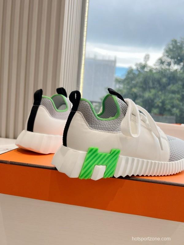 2024 Unisex Hermès White Green Calfskin Suede Sneakers MJ00290