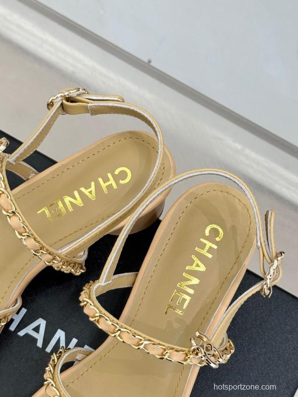 2025 Women Chanel Beige Lambskin Chain Strap Block Heel Sandals