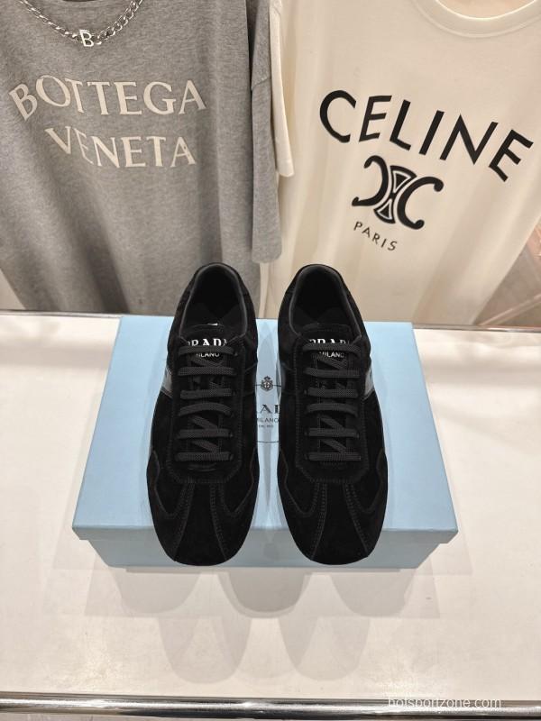 2025 Unisex Prada Black Suede Leather Casual Shoes KFY00300