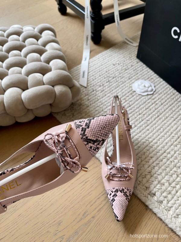 2025 Women Chanel Pink Python Leather Bow High Heels KFY00320
