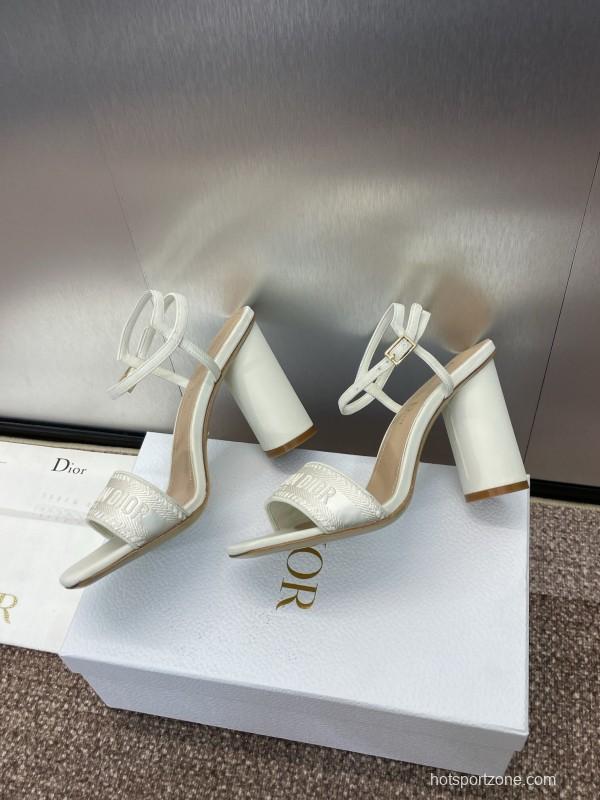2025 Women Dior White Leather High Heel Embroidered Sandals
