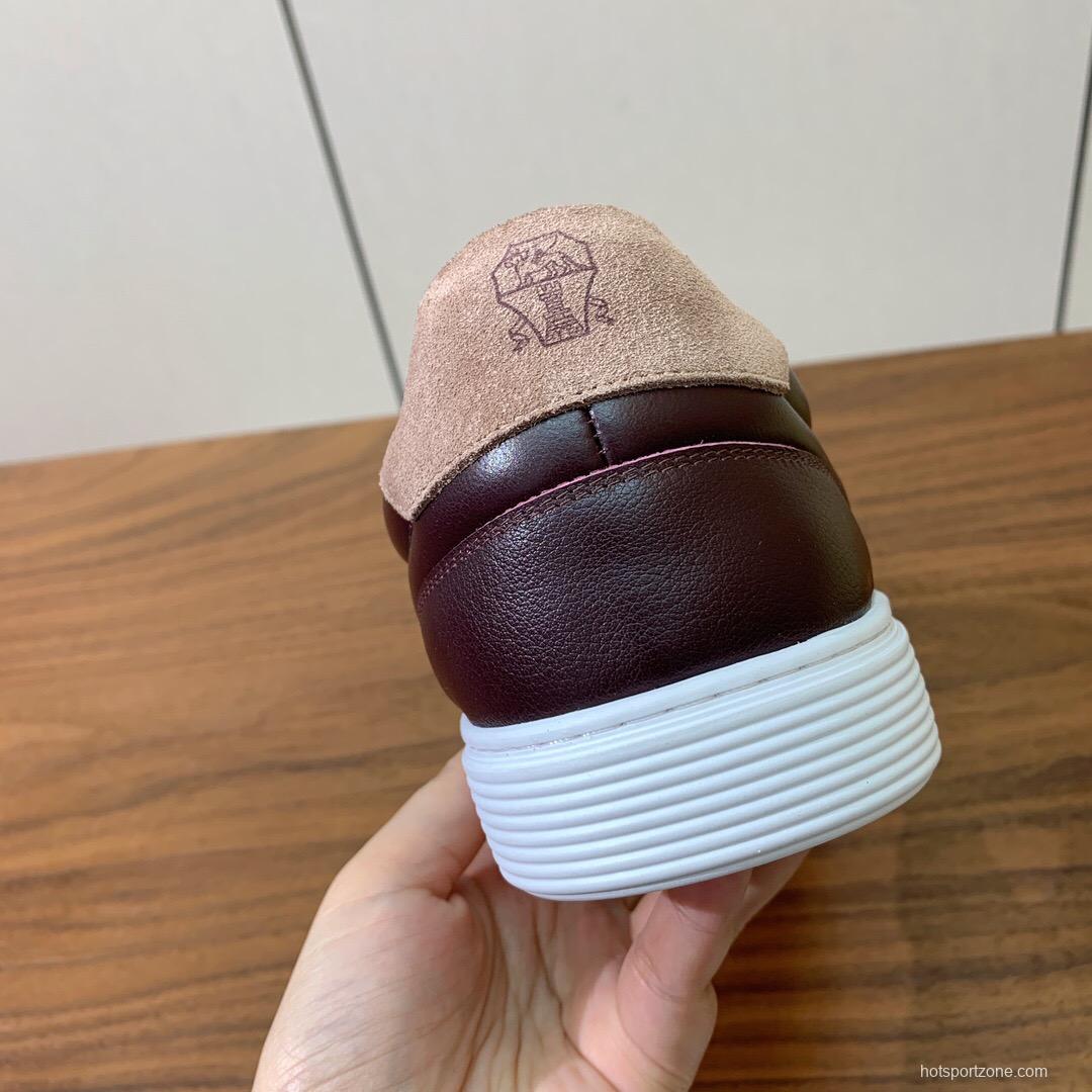 2025 Men Brunello Cucinelli Burgundy Leather Casual Sneakers Original Sole KFY00310(M)