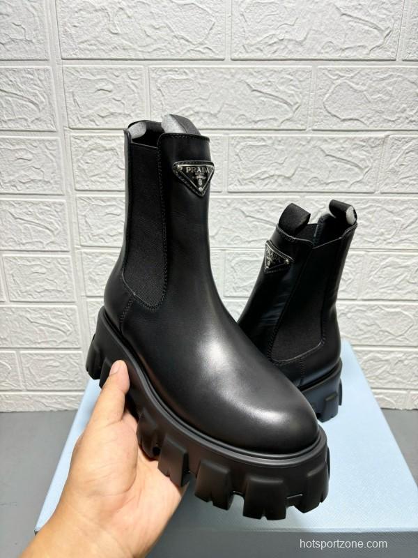 2024 Women Prada Black Leather Chelsea Boots MJ00380