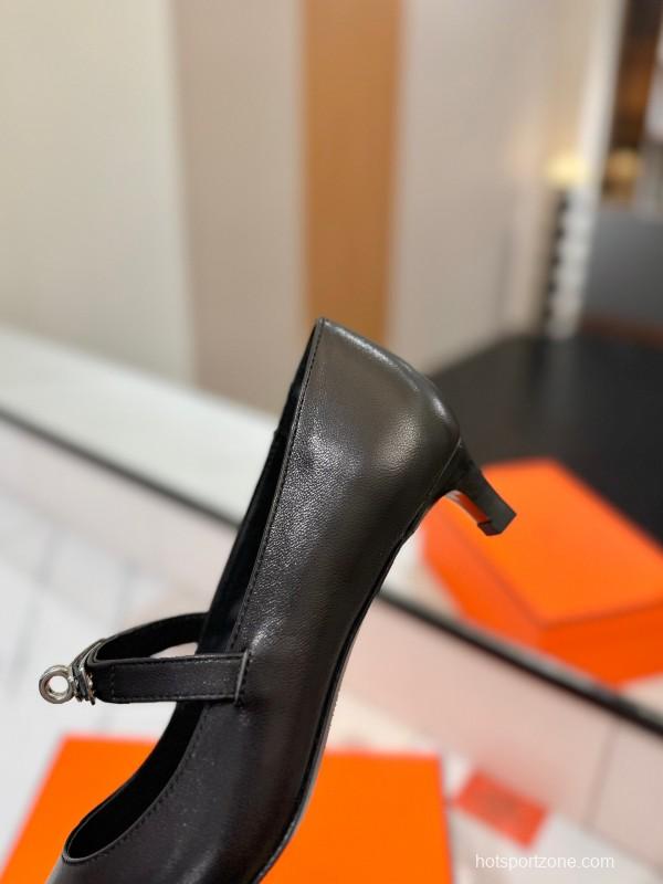 2025 Women Hermès Black Calfskin Leather Mary Jane 4cm Heel KFY00330
