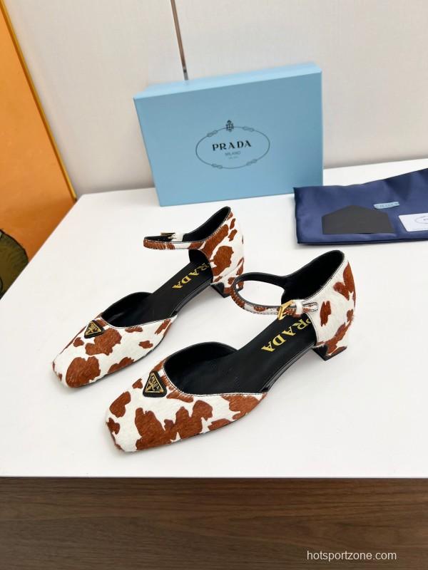 2025 Women Prada Brown White Calf Hair Strap Heels LY00270