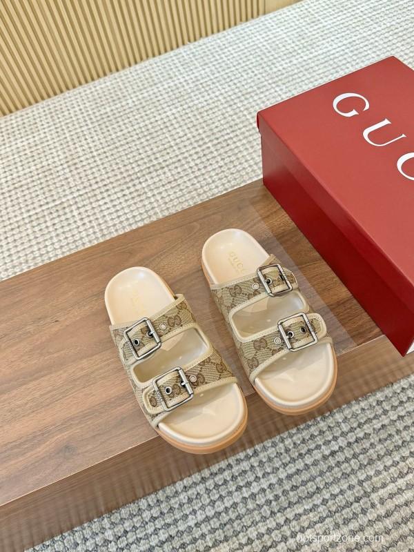 2025 Women Gucci Beige Canvas Leather Slippers LY00360