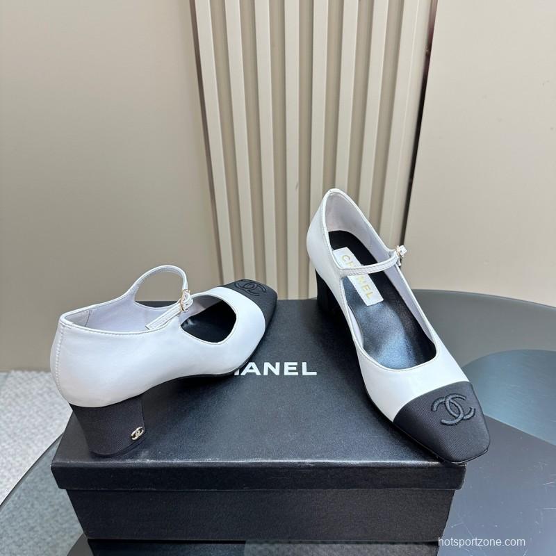 2025 Women Chanel White Black Leather Mary Jane Double Strap CC Logo KFY00290