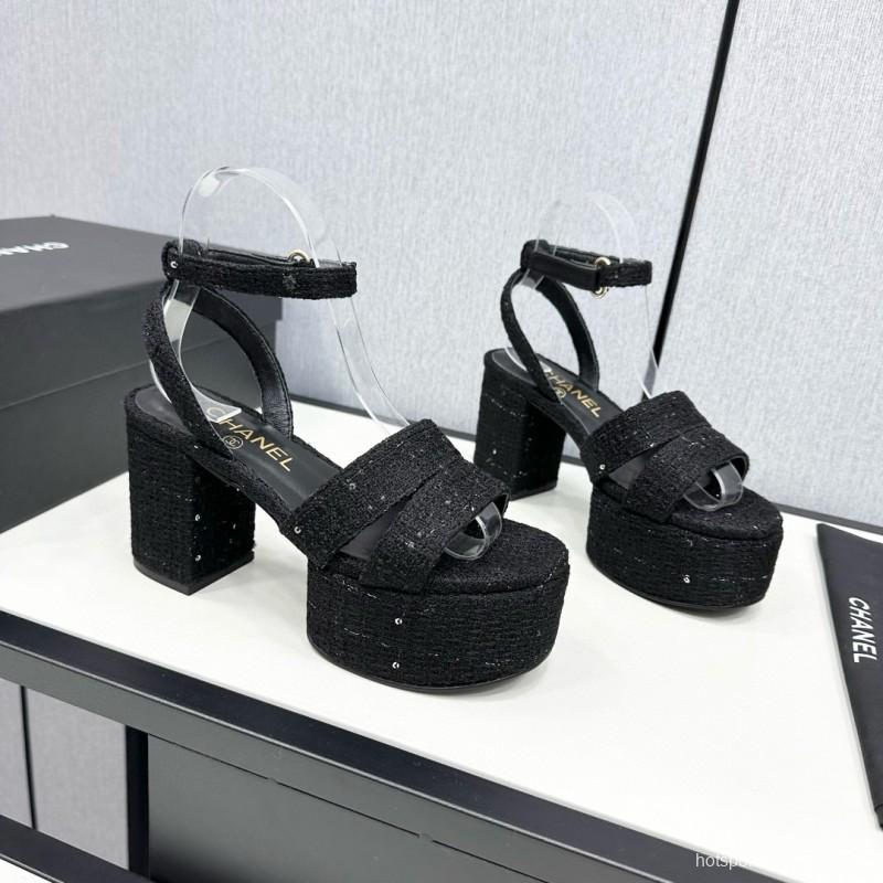 2025 Women Chanel Black Fabric Platform Sandals MJ00310