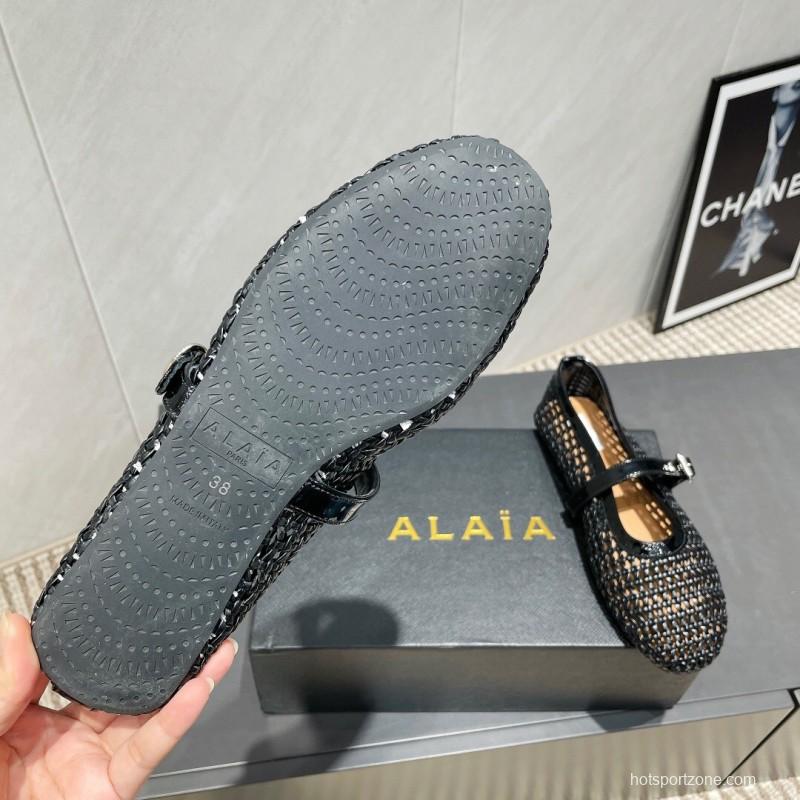 2025/Women Alaïa Black Woven Leather Mary Jane Flats LY00360(F)