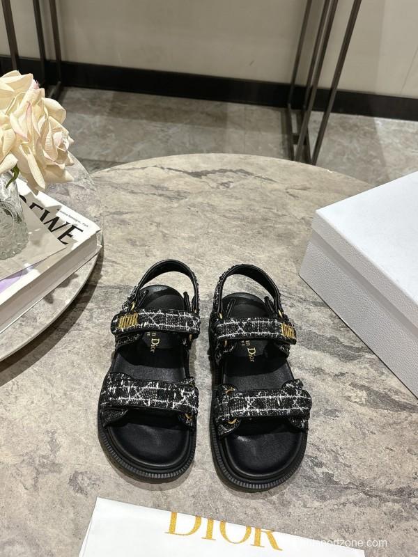 2025 Women Dior Black Fabric Leather Sandals KFY00300