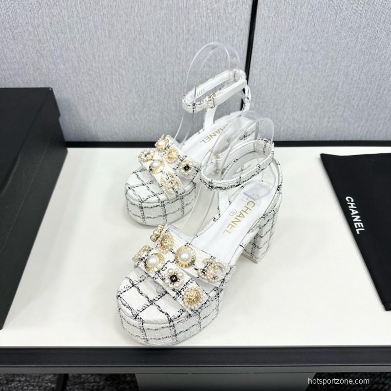 2025 Women Chanel White Black Tweed Platform Sandals