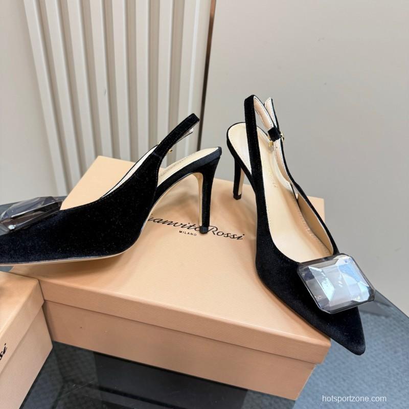 2025 Women Gianvito Rossi Black Velvet Slingback Heels Gemstone Decoration KFY00300
