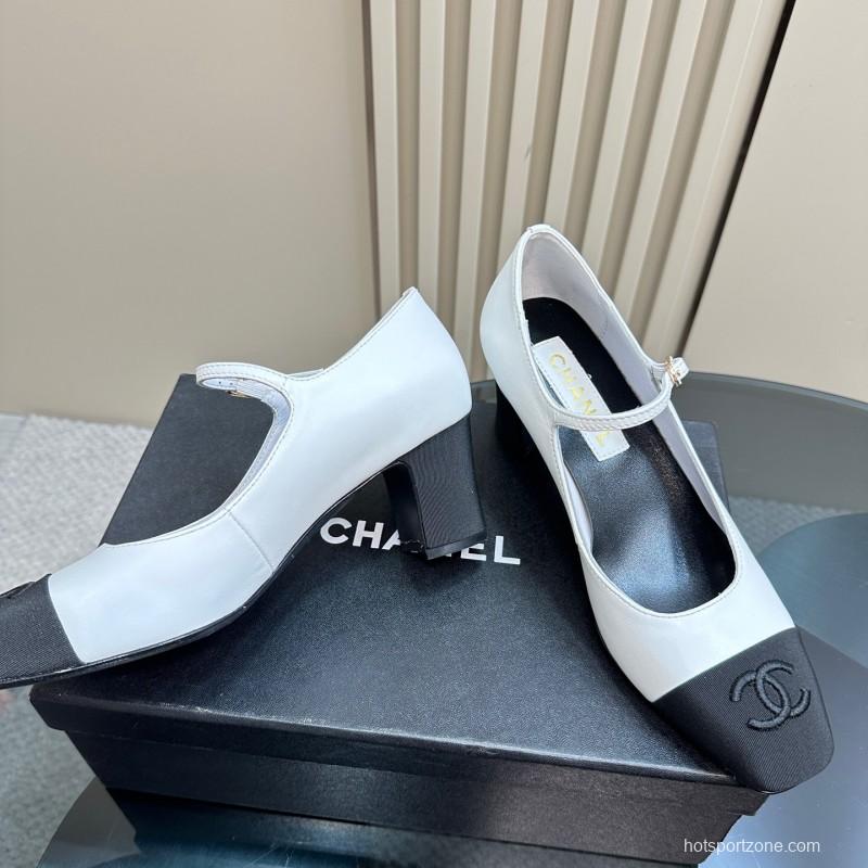 2025 Women Chanel White Black Leather Mary Jane Double Strap CC Logo KFY00290