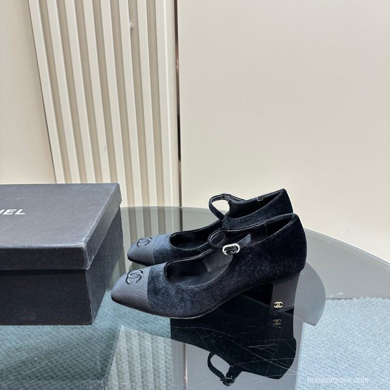 2025 Women Chanel Black Velvet Leather Mary Jane CC Logo KFY00290