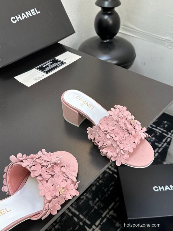 2025/Women Chanel Pink Suede Floral Embellished Block Heel Sandals LY00360(F)