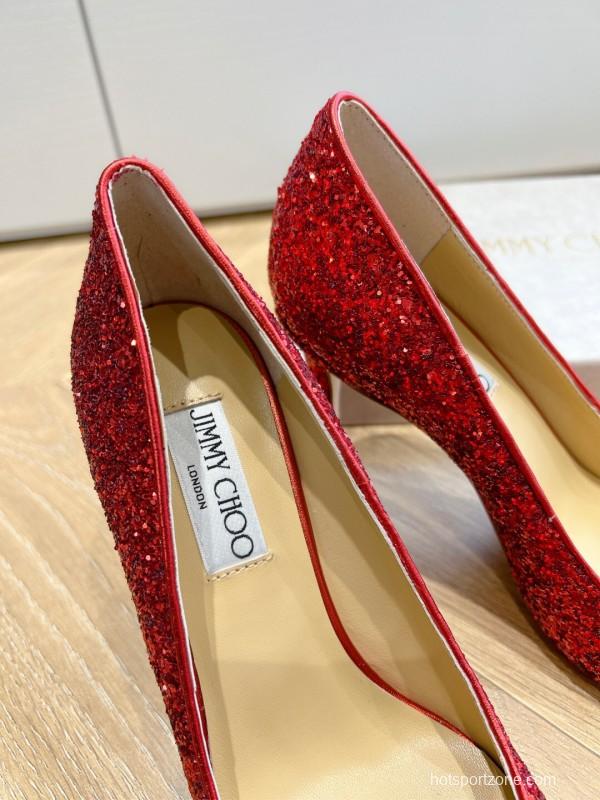2025 Women Jimmy Choo Red Glitter Leather Pumps