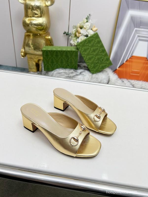 2025 Women Gucci Gold Leather Heeled Slip-On Horsebit MJ00180