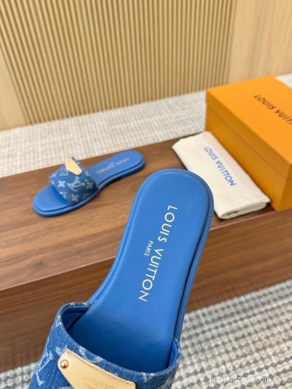 2025 Women Louis Vuitton Blue Denim Leather Slippers LY00200