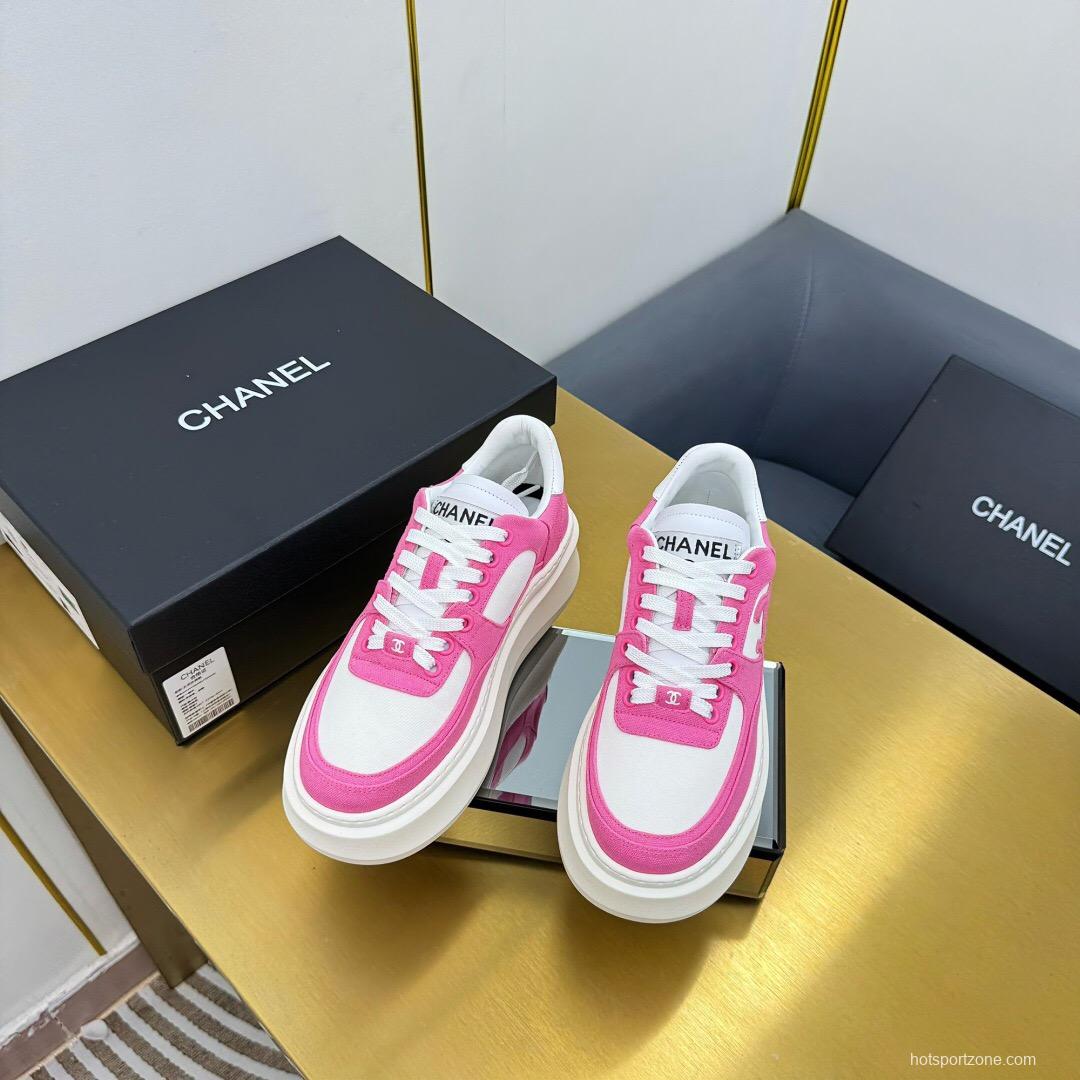 2025 Women Chanel Pink White Leather Canvas Sneakers