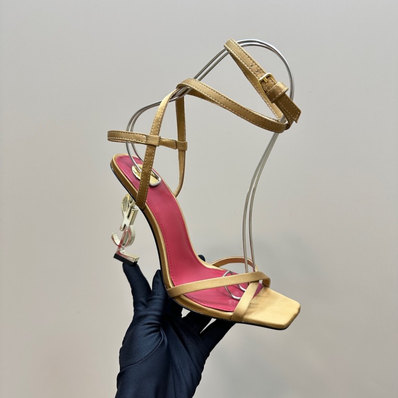 2025 Women Yves Saint Laurent Light Brown Satin High Heel Sandals