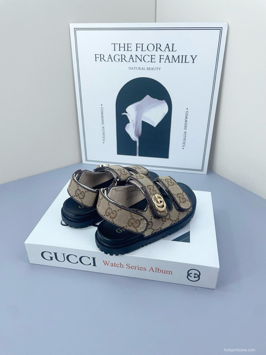 2025 Kids Gucci Black Brown Canvas Leather Sandals