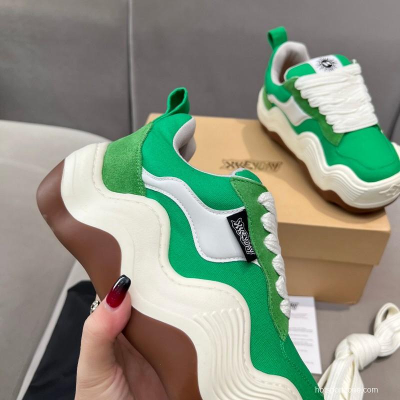 2025 Unisex HEYDAY Green White Canvas Leather Wave Sneakers KFY00260