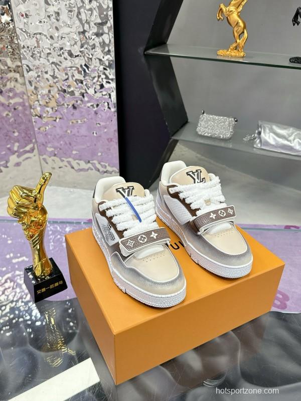 2024 Unisex Louis Vuitton White Brown Leather Mesh Plimsolls Waxed Vintage MJ00500