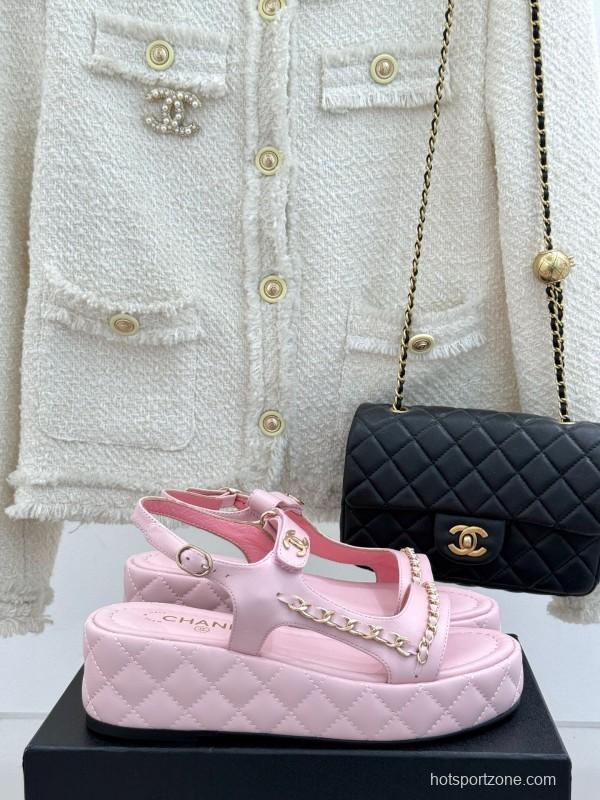 2025 Women Chanel Pink Lambskin Platform Sandals Chain Decoration