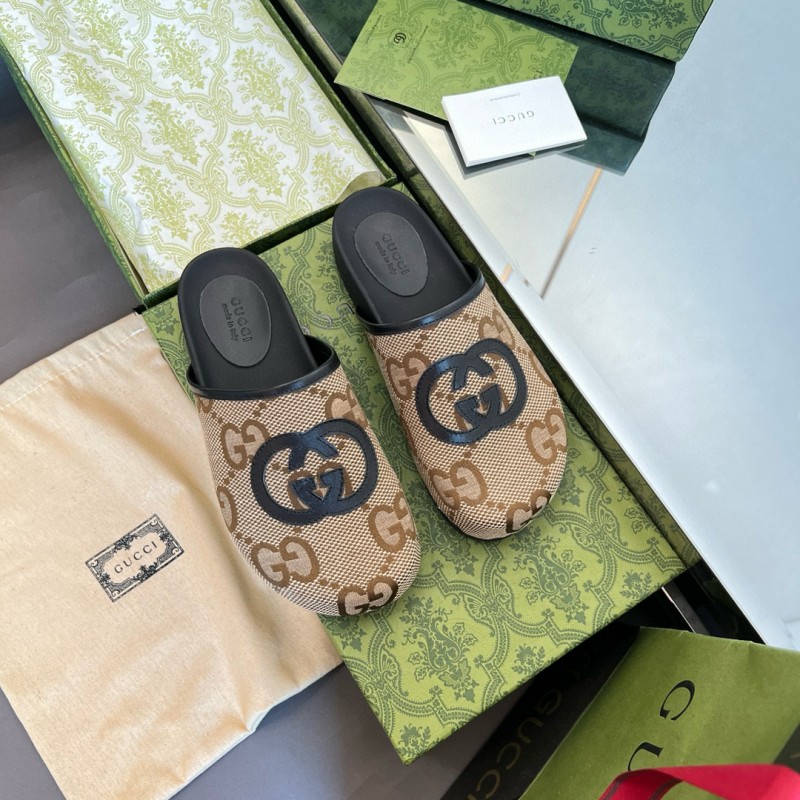 2024 Unisex Gucci Beige Brown Leather Slippers GG Pattern MJ00280