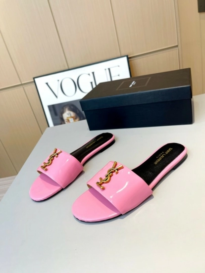2025 Women Yves Saint Laurent Pink Patent Leather Slippers